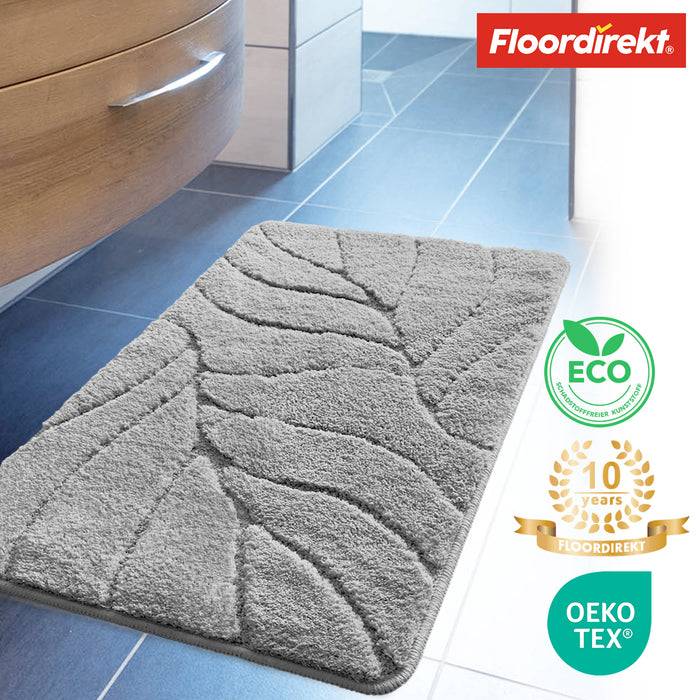 FLOORDIREKT Badematte Maris - Flauschiger Badvorleger mit Blattstruktur - Rutschhemmende Rückseite - Silber - 40 x 60 cm