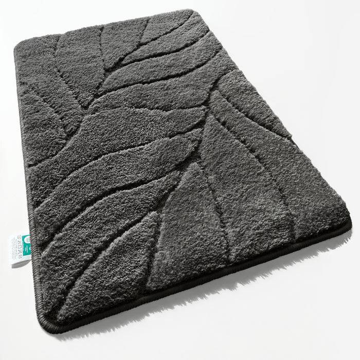 FLOORDIREKT Badematte Maris - Flauschiger Badvorleger mit Blattstruktur - Rutschhemmende Rückseite - Dunkelgrau - 50 x 80 cm