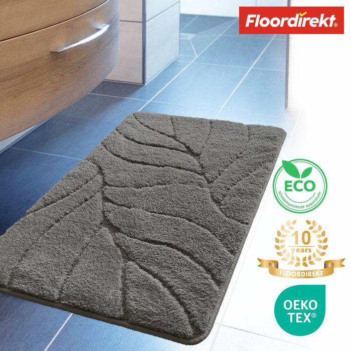 FLOORDIREKT Badematte Maris - Flauschiger Badvorleger mit Blattstruktur - Rutschhemmende Rückseite - Dunkelgrau - 60 x 120 cm