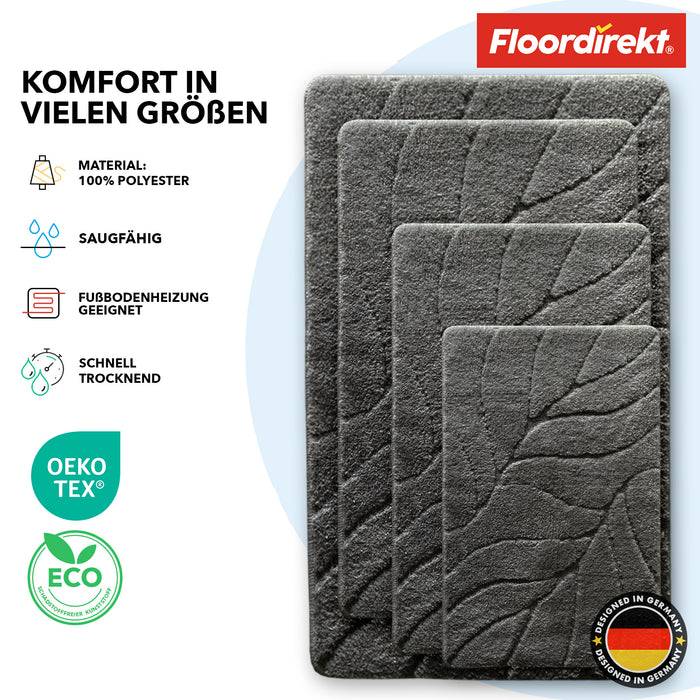 FLOORDIREKT Badematte Maris - Flauschiger Badvorleger mit Blattstruktur - Rutschhemmende Rückseite - Dunkelgrau - 60 x 120 cm