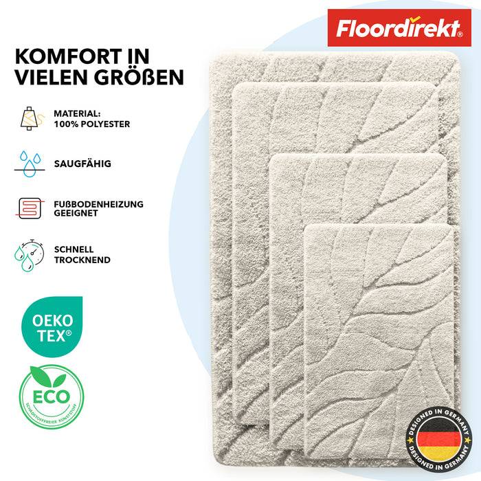 FLOORDIREKT Badematte Maris - Flauschiger Badvorleger mit Blattstruktur - Rutschhemmende Rückseite - Ivory - 60 x 120 cm