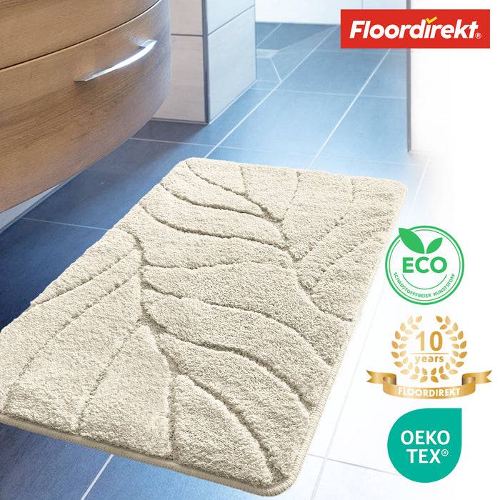 FLOORDIREKT Badematte Maris - Flauschiger Badvorleger mit Blattstruktur - Rutschhemmende Rückseite - Ivory - 60 x 120 cm