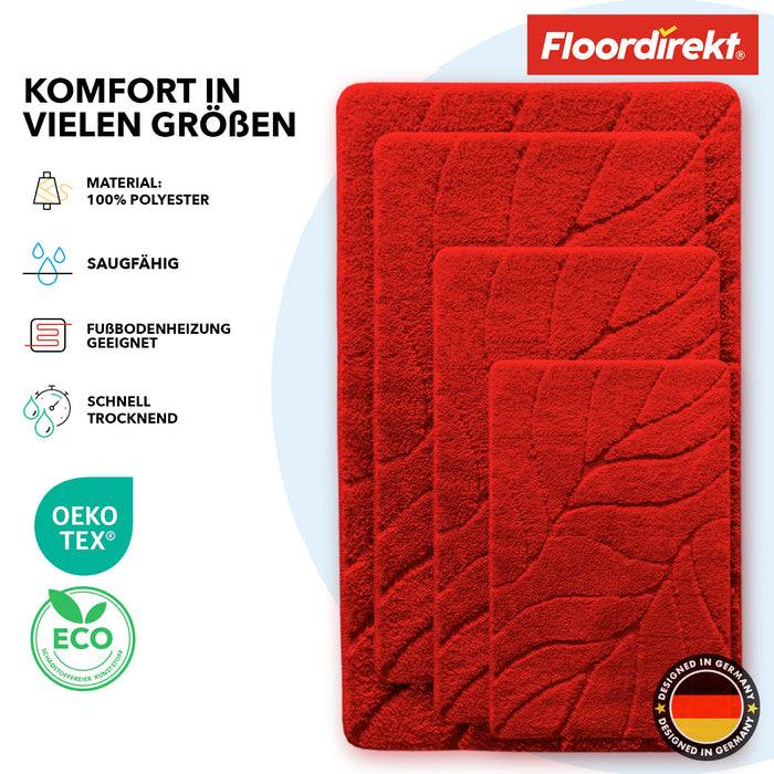 FLOORDIREKT Badematte Maris - Flauschiger Badvorleger mit Blattstruktur - Rutschhemmende Rückseite - Rot - 40 x 60 cm