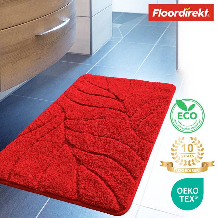 FLOORDIREKT Badematte Maris - Flauschiger Badvorleger mit Blattstruktur - Rutschhemmende Rückseite - Rot - 40 x 60 cm