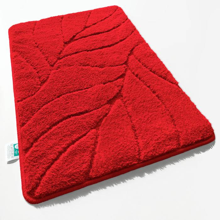 FLOORDIREKT Badematte Maris - Flauschiger Badvorleger mit Blattstruktur - Rutschhemmende Rückseite - Rot - 60 x 120 cm