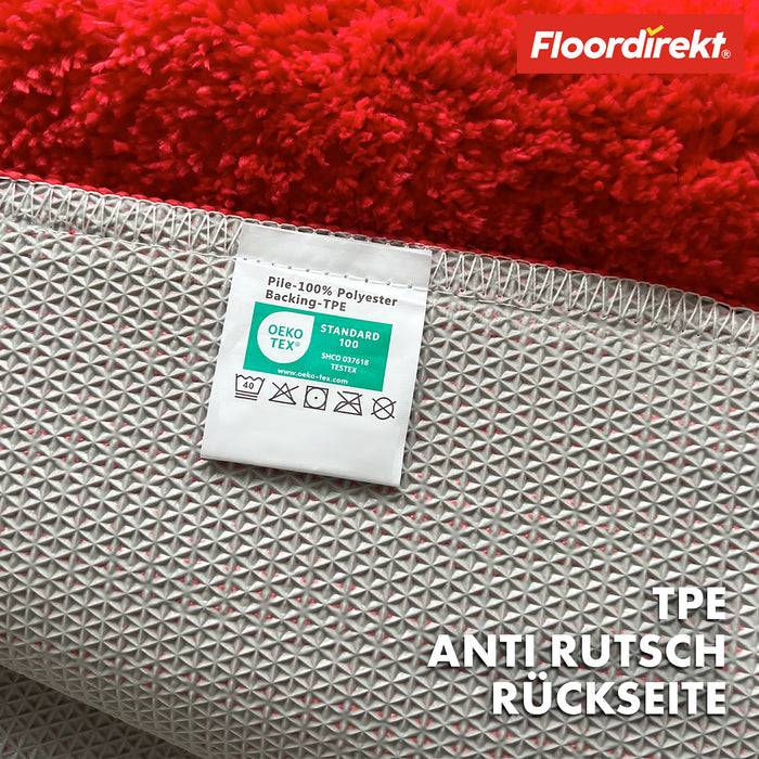 FLOORDIREKT Badematte Maris - Flauschiger Badvorleger mit Blattstruktur - Rutschhemmende Rückseite - Rot - 60 x 120 cm