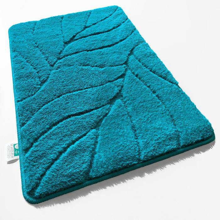 FLOORDIREKT Badematte Maris - Flauschiger Badvorleger mit Blattstruktur - Rutschhemmende Rückseite - Türkis - 50 x 80 cm