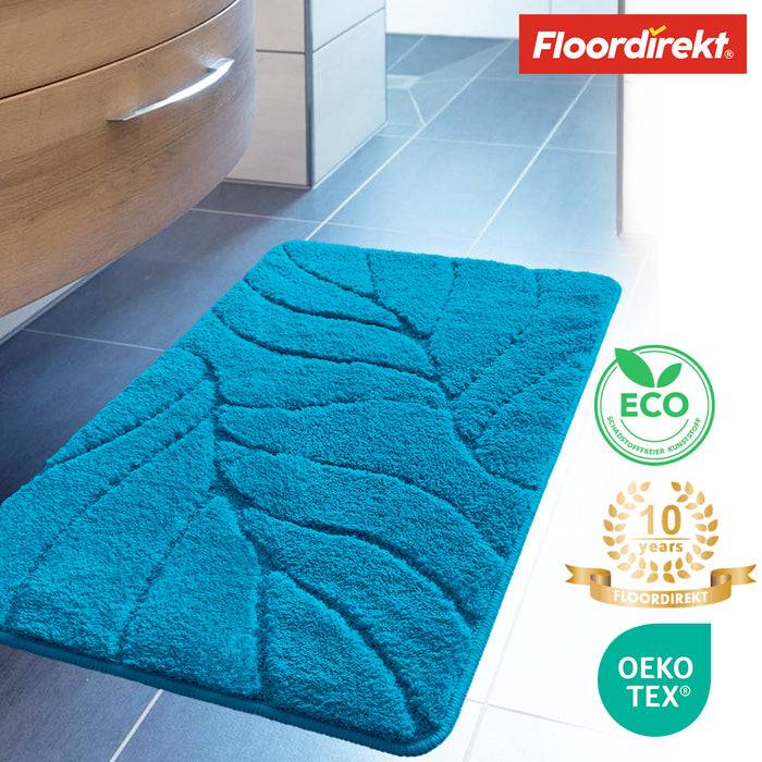 FLOORDIREKT Badematte Maris - Flauschiger Badvorleger mit Blattstruktur - Rutschhemmende Rückseite - Türkis - 50 x 80 cm