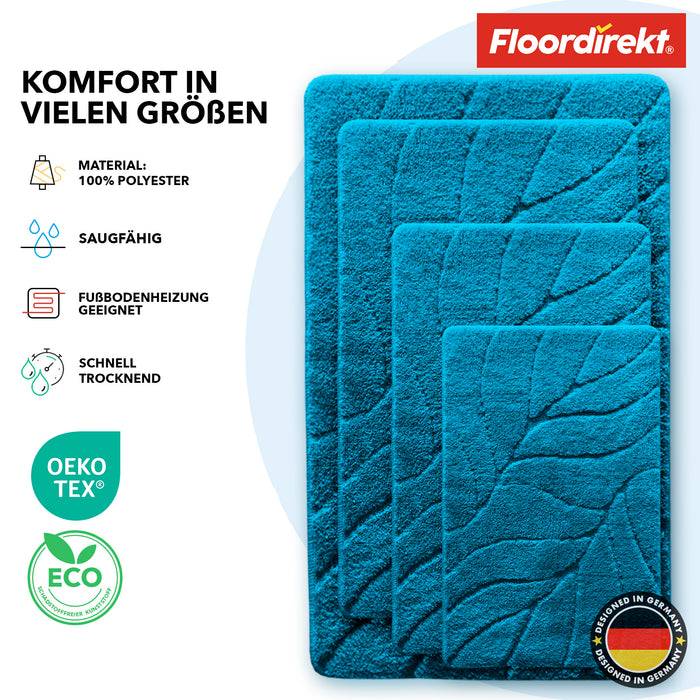 FLOORDIREKT Badematte Maris - Flauschiger Badvorleger mit Blattstruktur - Rutschhemmende Rückseite - Türkis - 60 x 120 cm