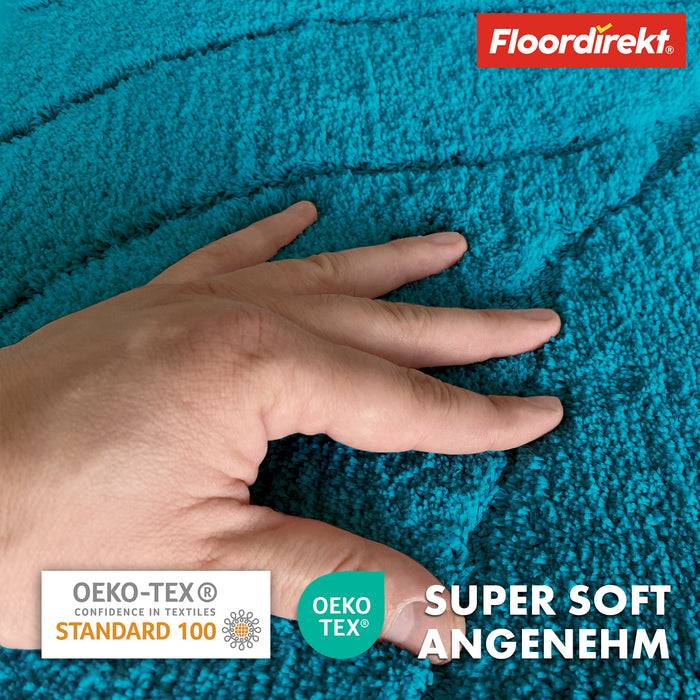 FLOORDIREKT Badematte Maris - Flauschiger Badvorleger mit Blattstruktur - Rutschhemmende Rückseite - Türkis - 60 x 120 cm