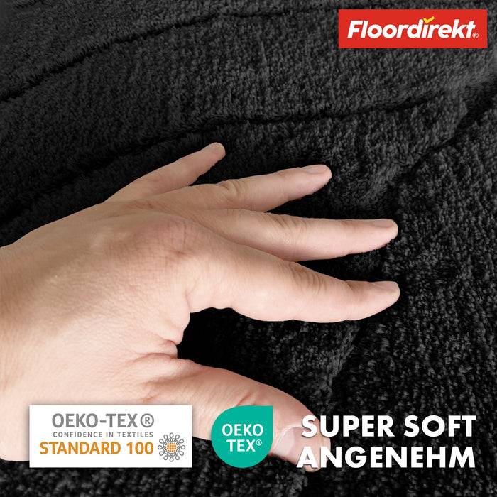 FLOORDIREKT Badematte Maris - Flauschiger Badvorleger mit Blattstruktur - Rutschhemmende Rückseite - Schwarz - 40 x 60 cm