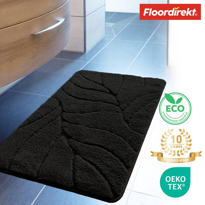 FLOORDIREKT Badematte Maris - Flauschiger Badvorleger mit Blattstruktur - Rutschhemmende Rückseite - Schwarz - 40 x 60 cm