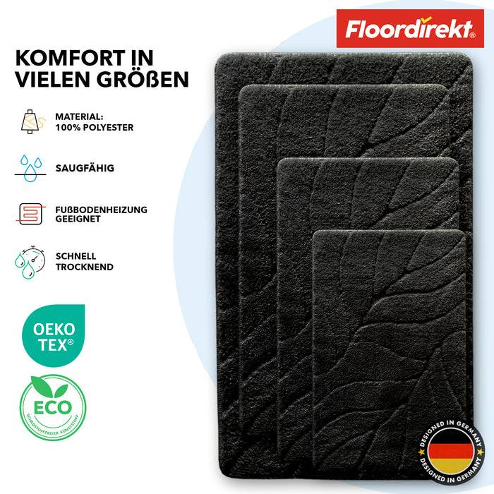 FLOORDIREKT Badematte Maris - Flauschiger Badvorleger mit Blattstruktur - Rutschhemmende Rückseite - Schwarz - 40 x 60 cm