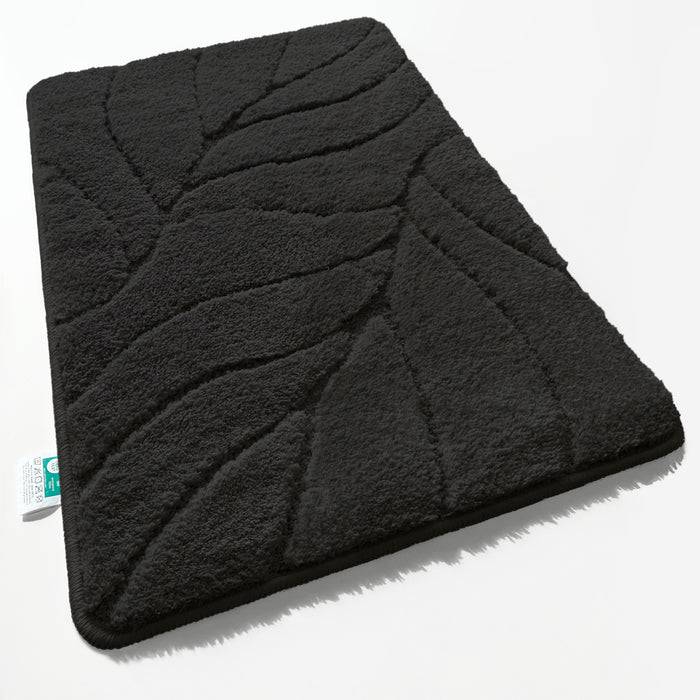 FLOORDIREKT Badematte Maris - Flauschiger Badvorleger mit Blattstruktur - Rutschhemmende Rückseite - Schwarz - 60 x 120 cm