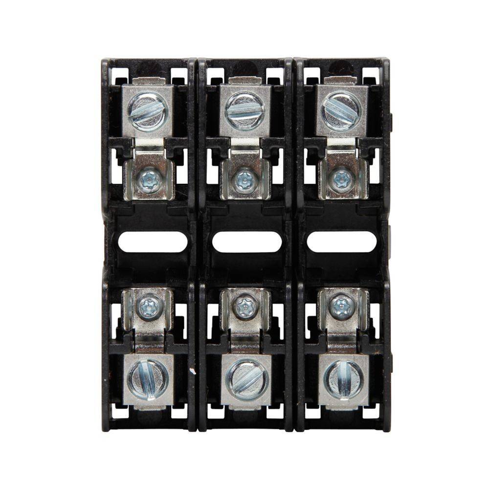 Elektrischer Klemmleistenblock mit sechs Schraubanschlüssen in einem 3-mal-2-Gitter, dargestellt auf weißem Hintergrund.