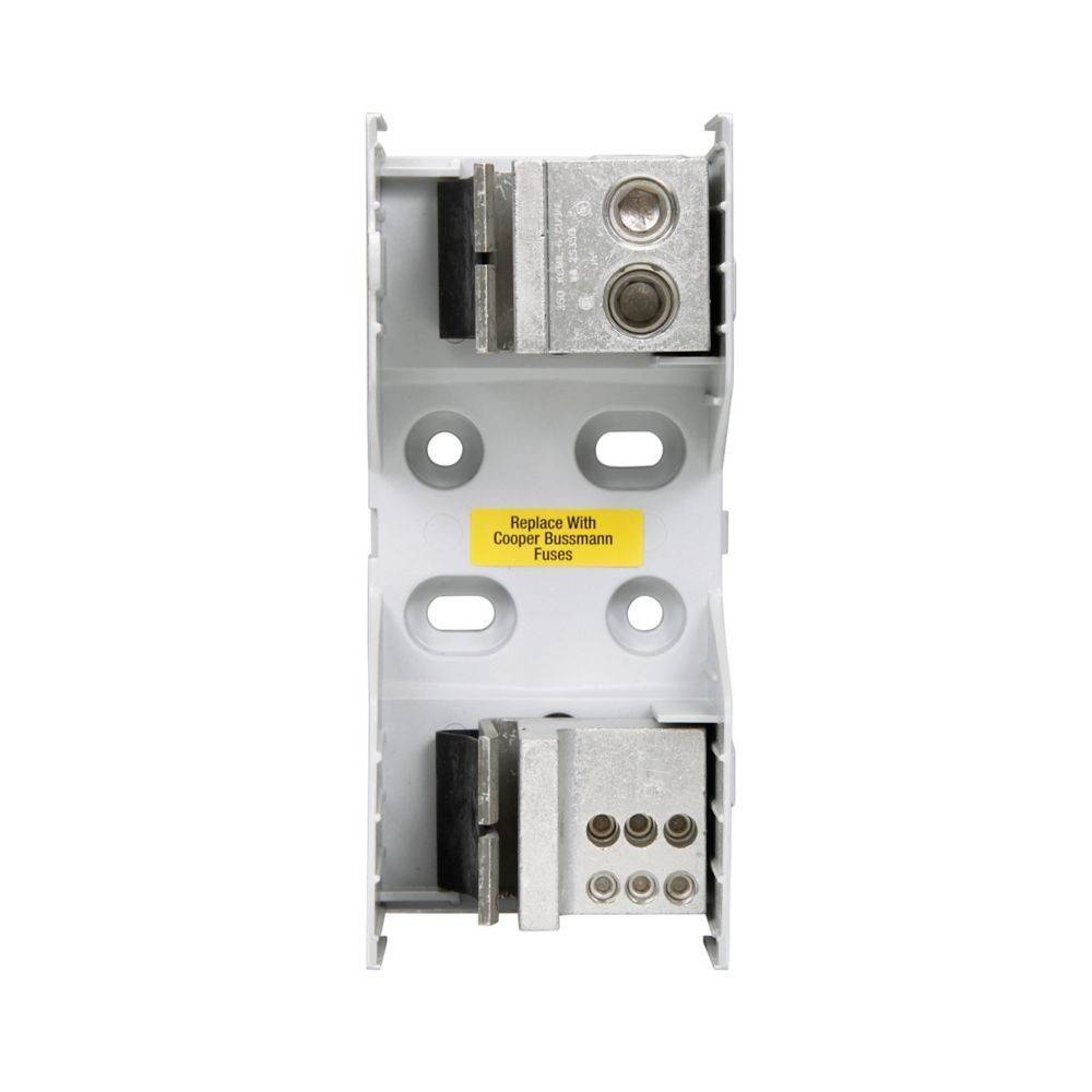 Nahaufnahme einer Sicherungshalterung mit Metallklemmen, beschriftet mit „Replace With Cooper Bussmann Fuses