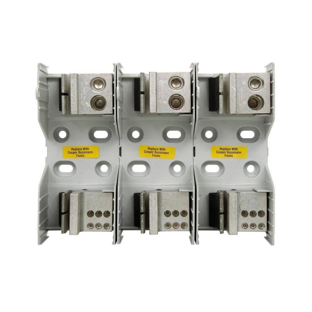 Drei graue elektrische Sicherungshalter oder Klemmenblöcke nebeneinander angeordnet, jeder mit der Beschriftung 