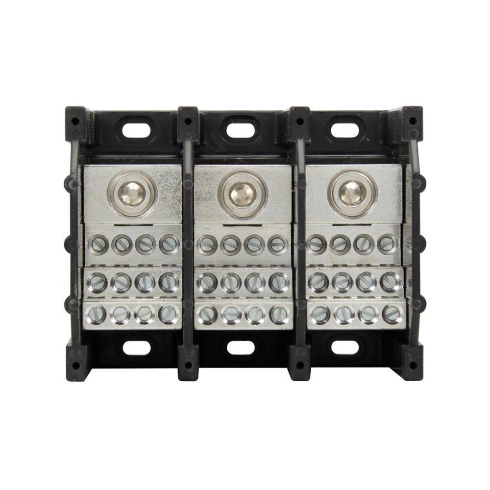 Dreipoliger elektrischer Klemmblock mit Schraubverbindungen in einem schwarzen Montagerahmen auf weißem Hintergrund.