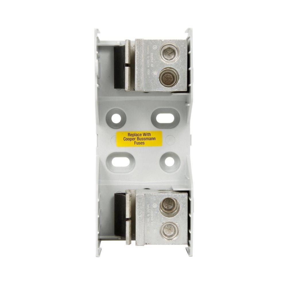 Weißer Elektrosicherungshalter mit Metallklemmen und gelben Etikett mit der Aufschrift „Replace With Cooper Bussmann Fusetron