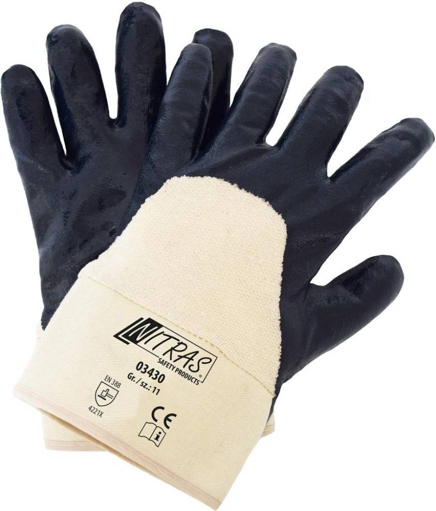 Paar schwarze Arbeitshandschuhe mit Beschichtung, beigefarbenen Manschetten und 