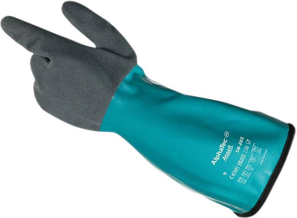Chemikalienschutzhandschuh AlphaTec 58-201Zulassung/Norm EN 3882016, EN ISO 374-12016 Type A, EN ISO 374-52016, EN 4202003 A12009, EN 4072020