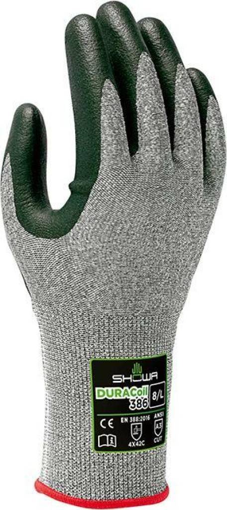 Schnittschutzhandschuh Showa DURACoil 386Zulassung/Norm EN 3882016 Schnittschutzstufe C, ANSI/ISEA 105-16 A3Eigenschaften Verbesserte Schnittschutz