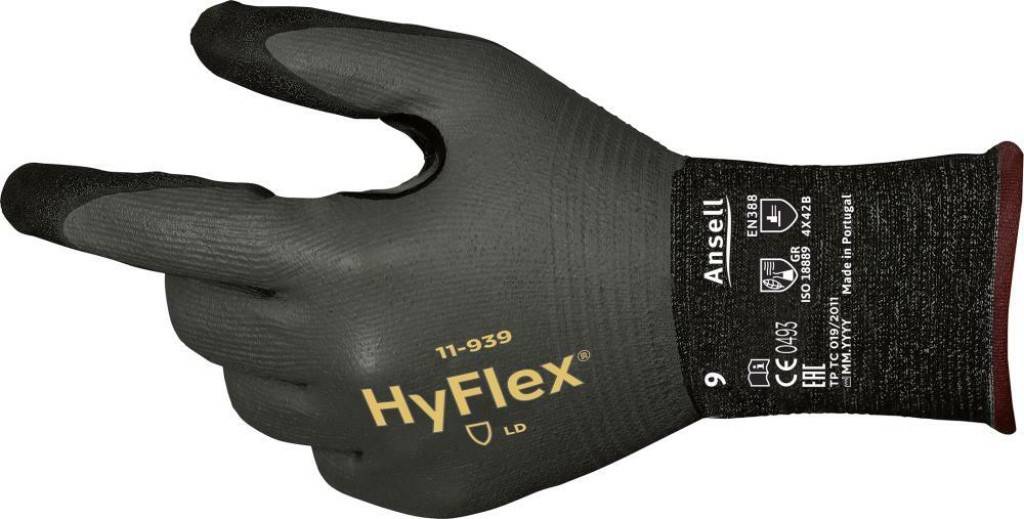 Schnittschutzhandschuh HyFlex 11-939Zulassung/Norm EN 3882016, EN 4202003 A12009, kompatibel mit der REACH-VerordnungEigenschaften Hohe Griffsiche