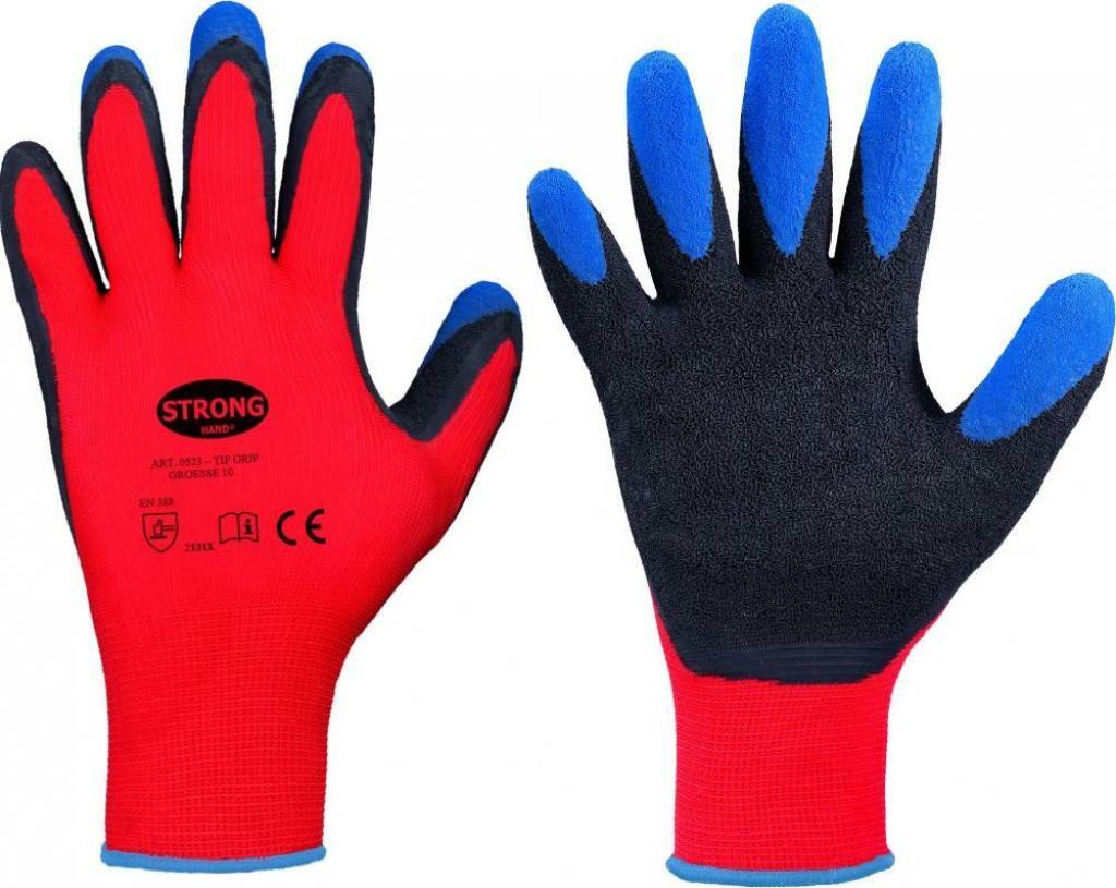 Stronghand Feinstrickhandschuhe mit Latexbeschichtung TIP GRIP 0523 im Online-ShopNorm EN 388 3.1.4.1Schutzklasse Kat. IIMaterial 100 Polyester