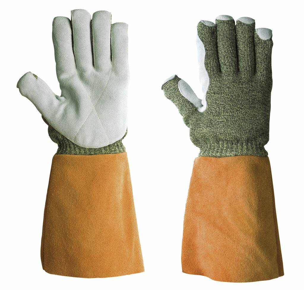 KarboTect LL schwerer Strick,Leder-Innenhandbesatz,Lederstulpe gelb/rotbraun/schwarz Ein Hitzeschutzhandschuh, gestrickt aus Para-Aramid-Fase