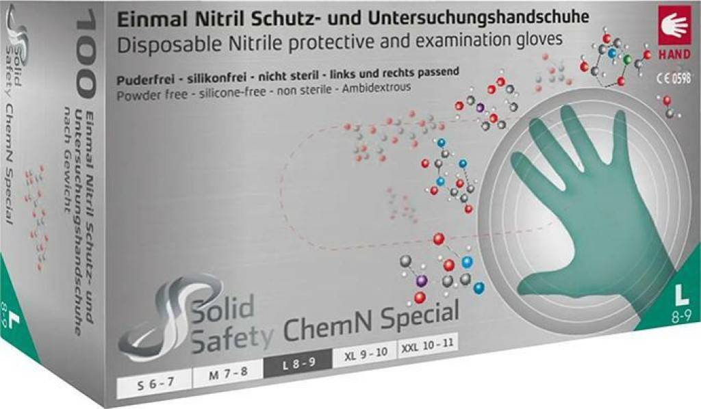 Einweghandschuhe ChemN SpecialZulassung/NormEN ISO 21420, EN 455, EN 374Ausführung Unsteril Puderfrei Beidhändige Passform 100 latexfre