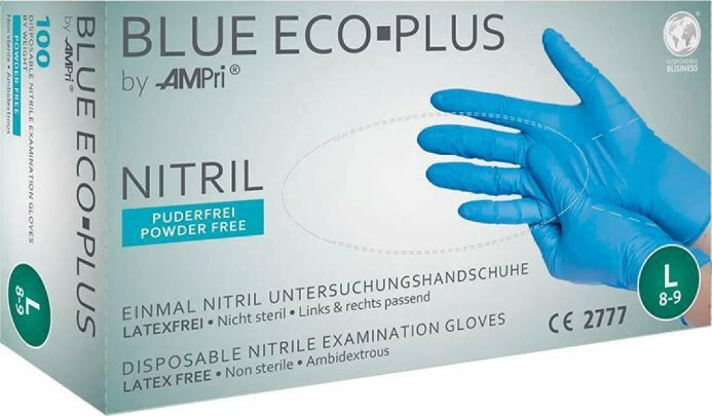Einweghandschuhe BLUE ECO-PLUSZulassung/NormEN 420, EN 455, EN 374Ausführung Leichte Ausführung Beidhändige Passform 100 latexfrei Pud