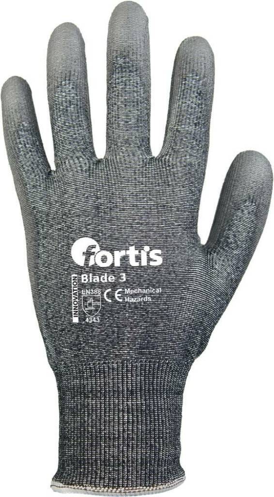 Graue gestrickte Arbeitshandschuh mit 'fortis' Branding und 'Blade 3' sowie 'Mechanische Gefahren' Markierungen auf der Handfläche