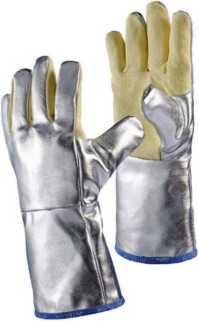 ProduktbeschreibungMaterial Außenhand und Stulpe aus Preox-Aramidgewebe, einseitig aluminisiert, Handinnenfläche aus Aramidgewebe hitzebeständig bi