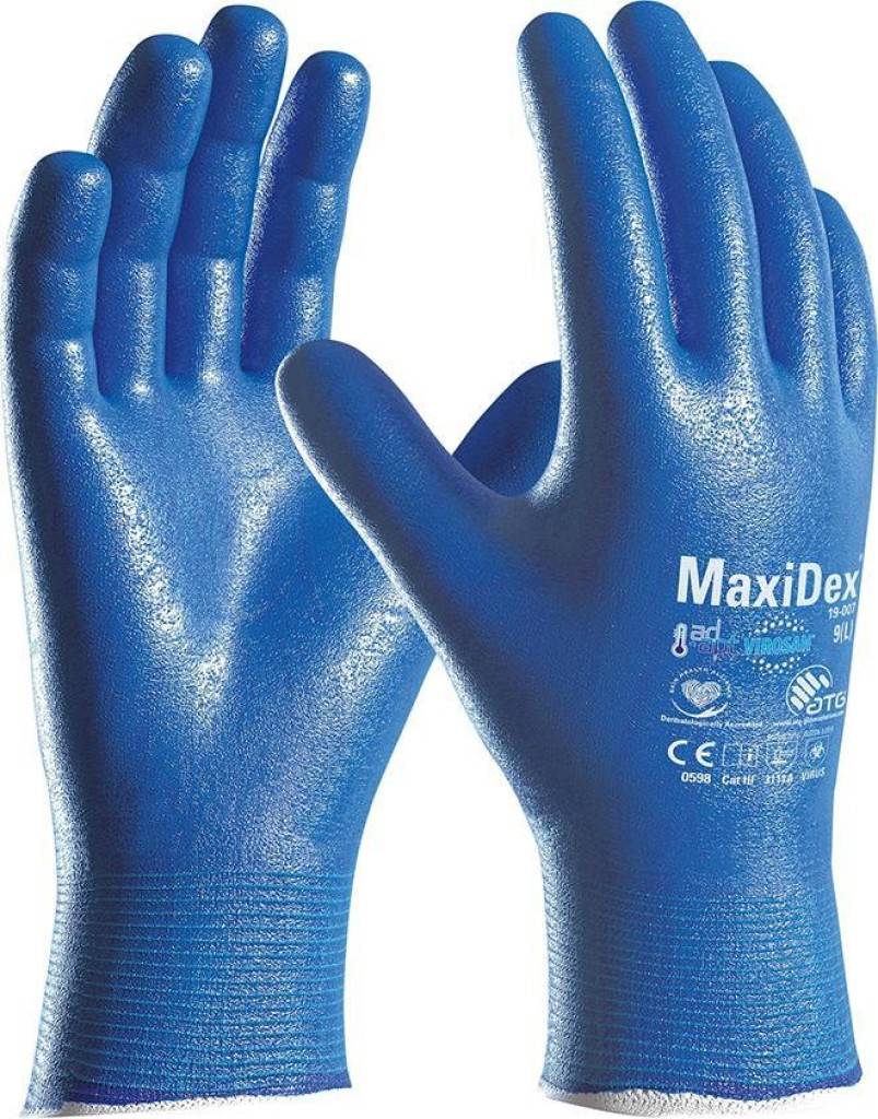 Paar blauer MaxiDex-Schutzarbeitshandschuhe, von vorne und hinten auf weißem Hintergrund abgebildet, mit gedruckten Sicherheitsmarkierungen auf der Handfläche.