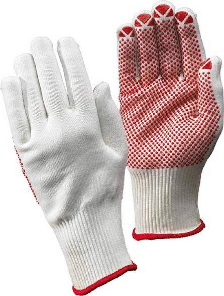 Strickhandschuh PackerZulassung/NormEN 388, EN 420Eigenschaften Nahtlos Einseitig rote Punktbenoppung Beidseitig tragbar SB-verpackt mit R