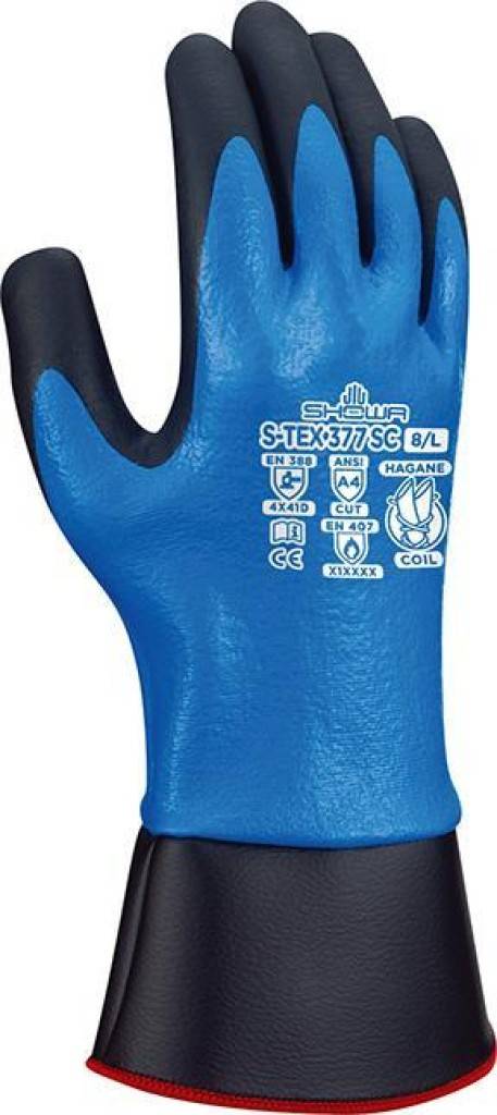 Arbeitshandschuh mit blauem und schwarzem Belag mit verlängertem Stulp, gekennzeichnet mit „S-TEX377 SC 8/L