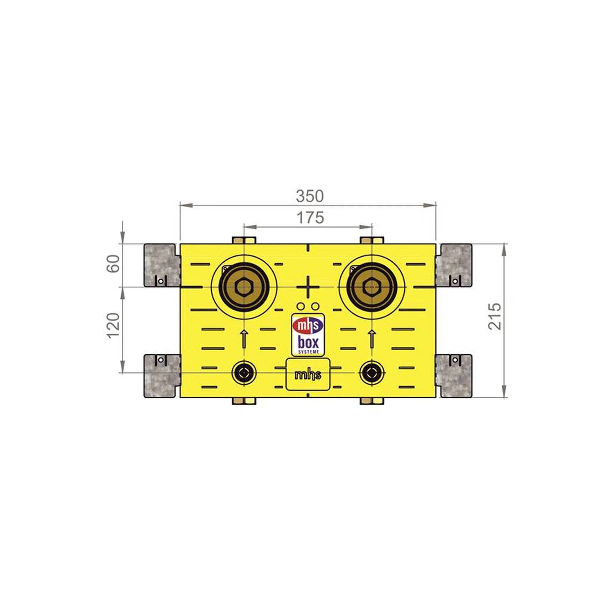 Draufsicht-Technisches Diagramm einer gelben rechteckigen MHS-Box mit vier Eckhalterungen, zwei großen kreisförmigen Öffnungen und beschrifteten Abmessungen 350, 175, 215, 120 und 60.