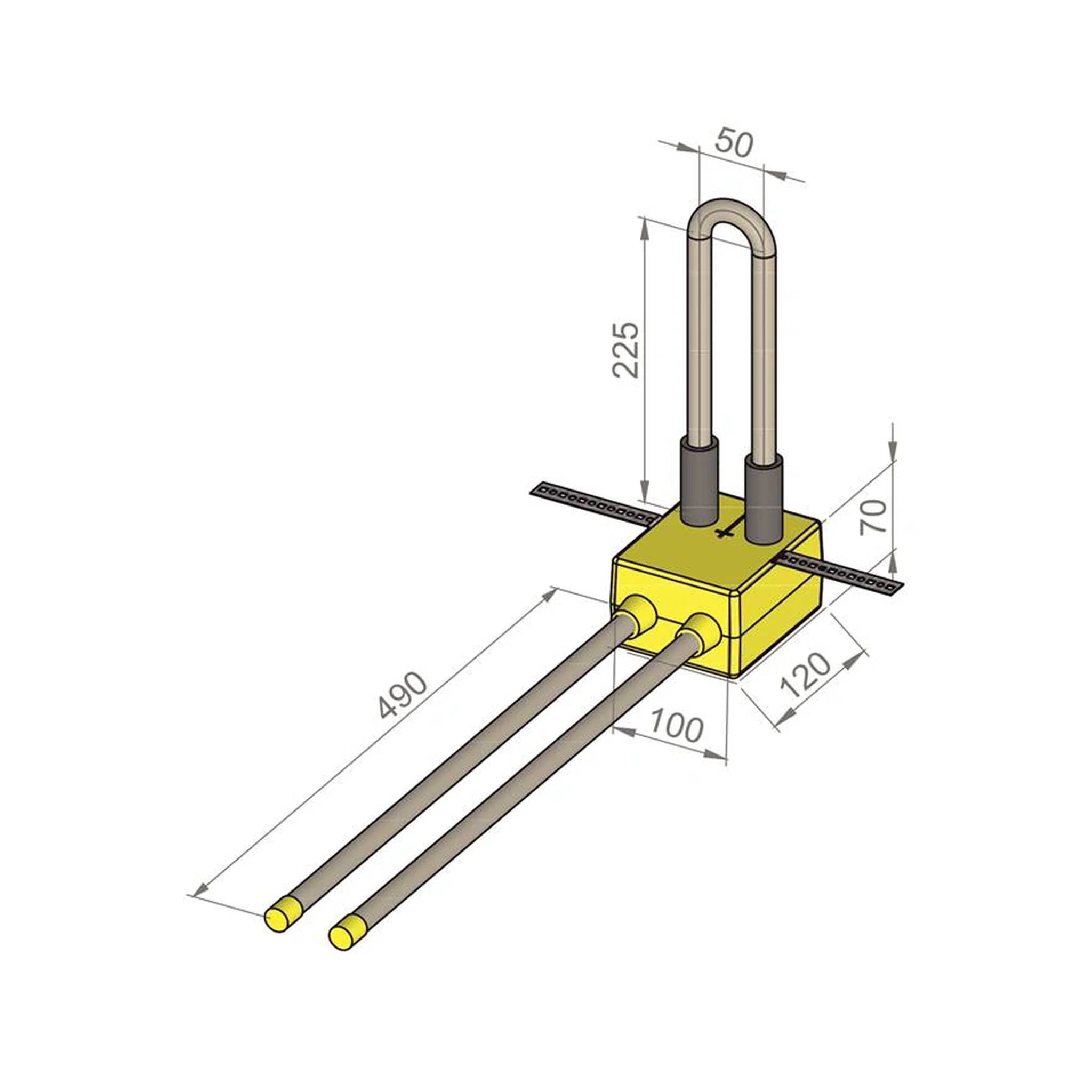 Isometrische technische Zeichnung einer gelben elektrischen Anschlussbox mit zwei parallel verlaufenden Kabeln und einem U-förmigen Griff, gekennzeichnet mit den Abmessungen 490, 225, 120, 100, 70 und 50.