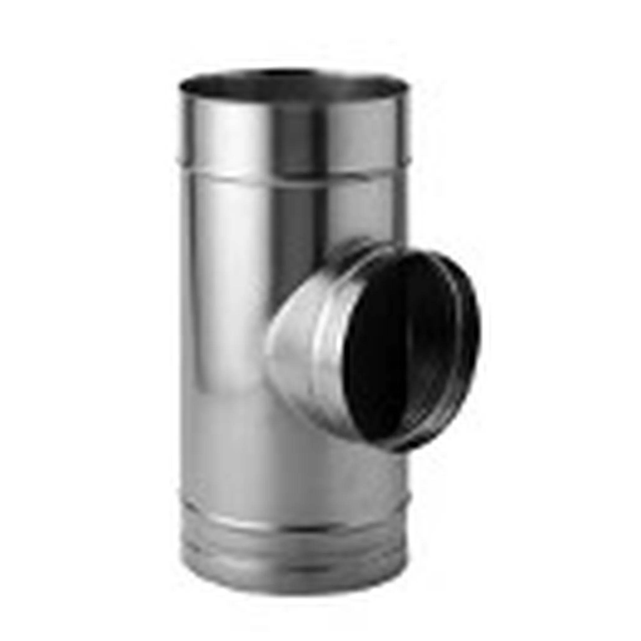 Silbermetallic-Rohrleitungsrohr mit seitlichem Abzweigungsöffnung, abgebildet auf einfachem weißem Hintergrund.