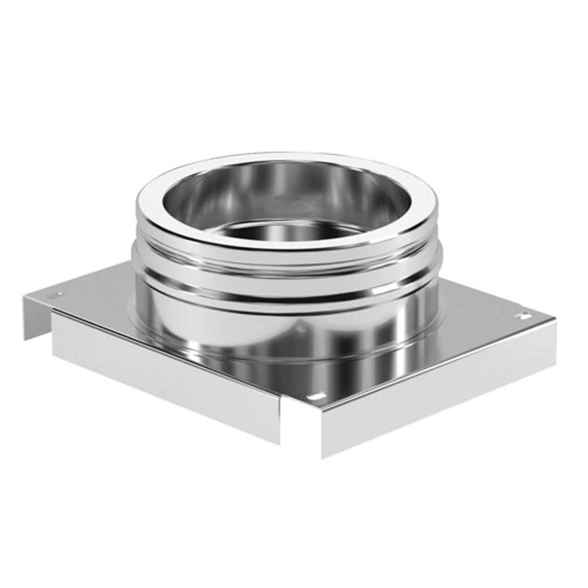 Edelstahl-Rundrohr-Absperrflansch auf einer quadratischen Metallbasisplatte montiert, dargestellt vor weißem Hintergrund.