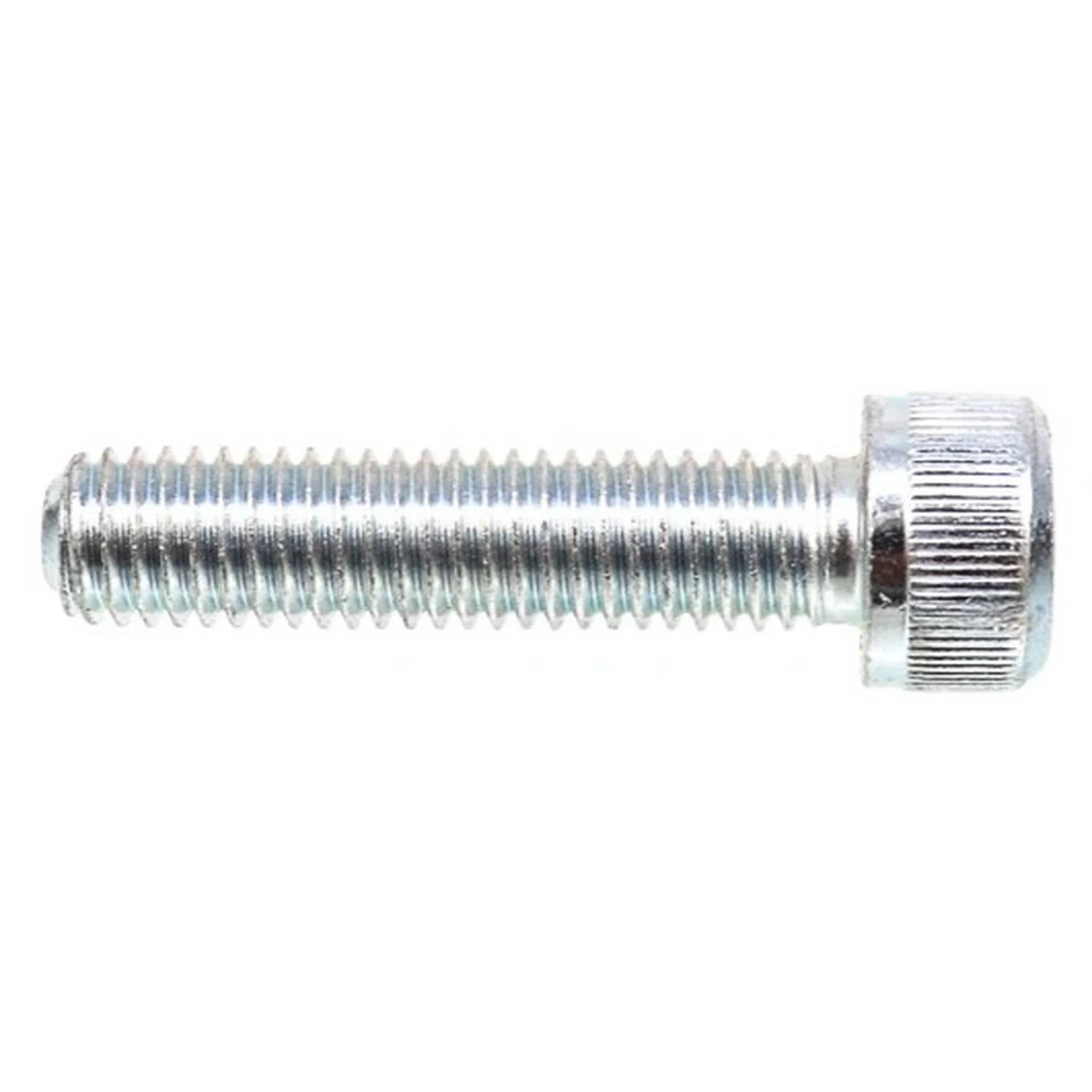 Eine silberfarbene Metallkopfschraube mit Innensechskant, Gewindeschaft und gerilltem zylindrischem Kopf auf weißem Hintergrund.