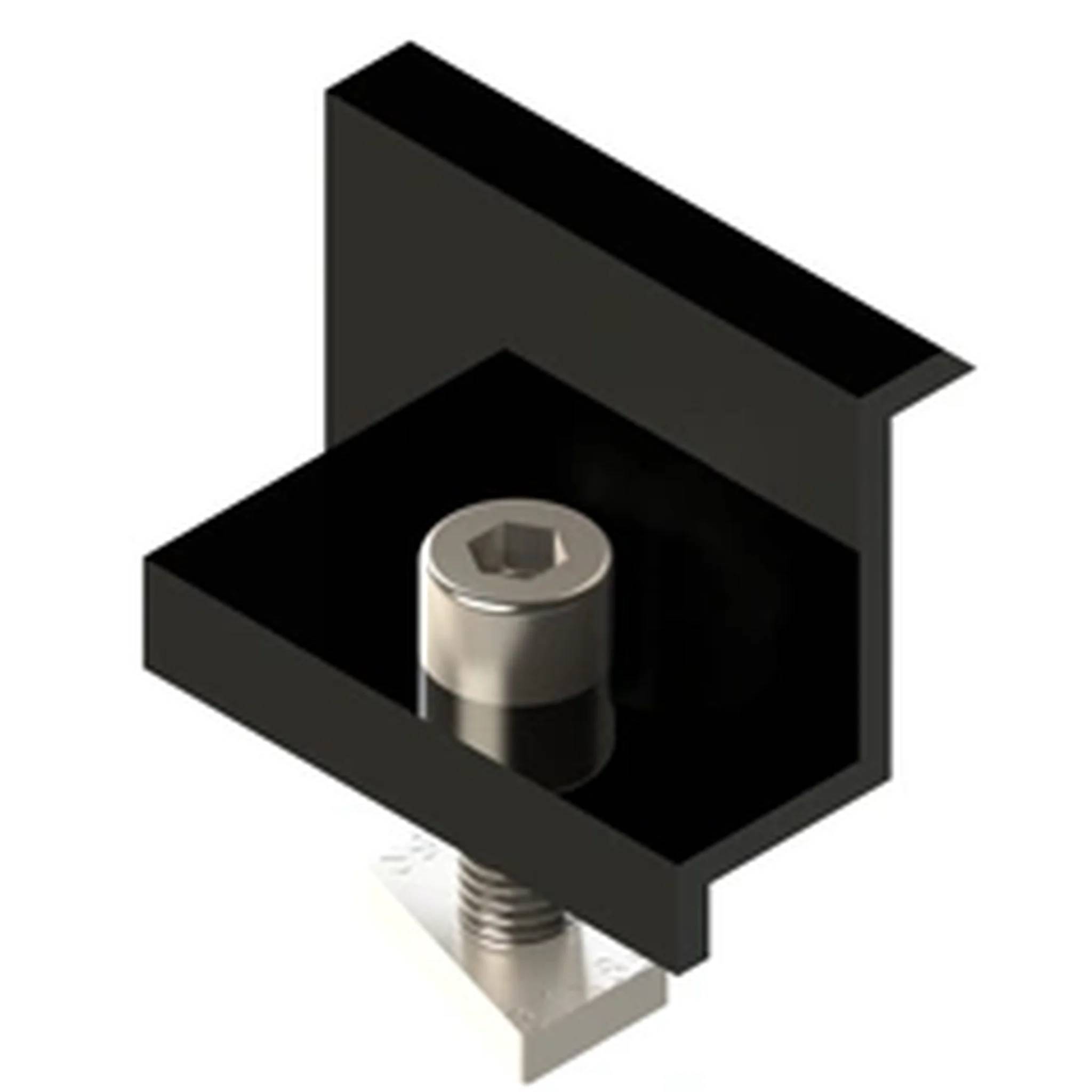 Schwarze Metallmontageklammer mit zentralem Sechskantschraube und befestigtem Gewindefastener darunter.