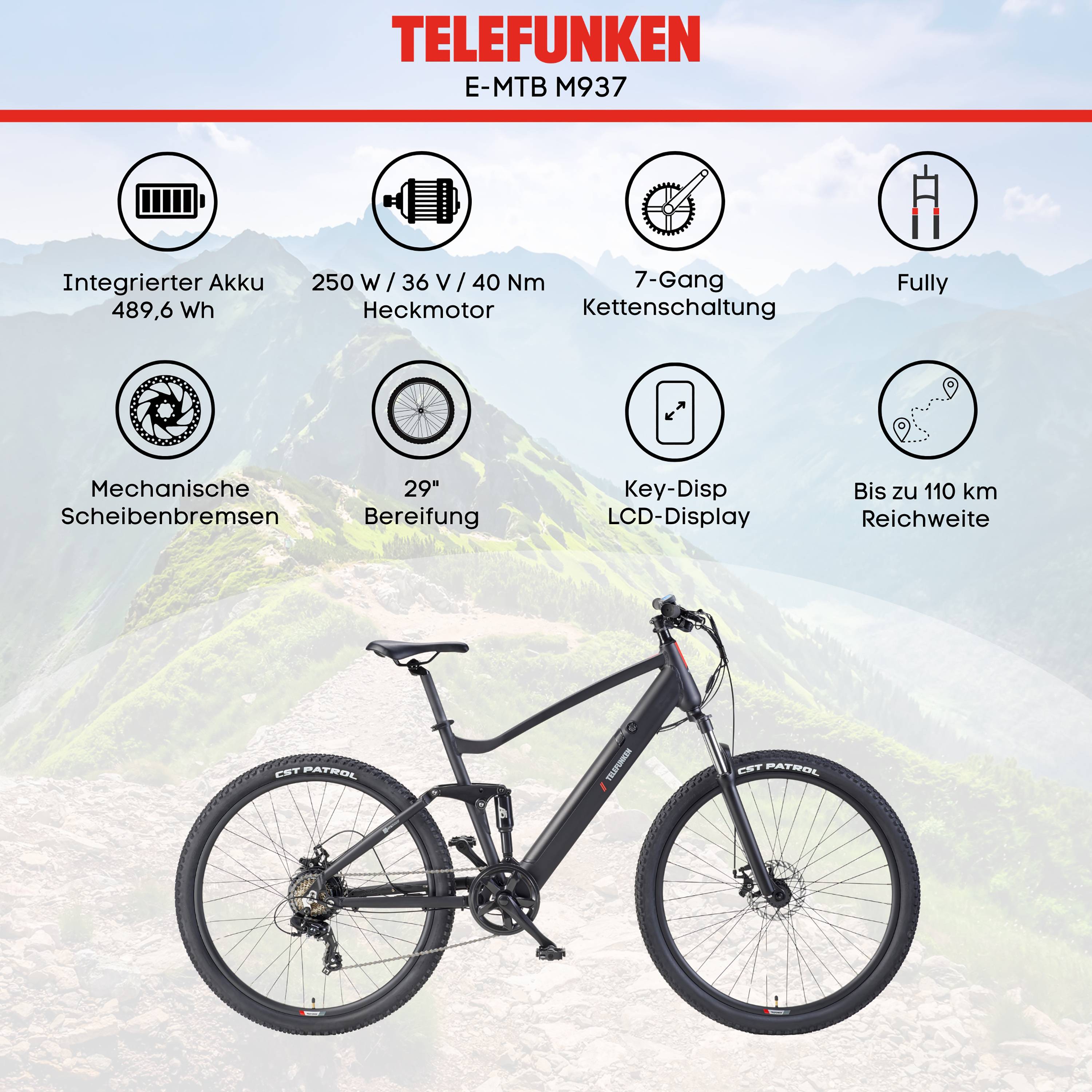 Telefunken E-Bike M937 29 Zoll mit 7 Gang Shimano Kettenschaltung - Hinterradmotor 250W / 40Nm - 13,6Ah / 36V Li-Ion Akku