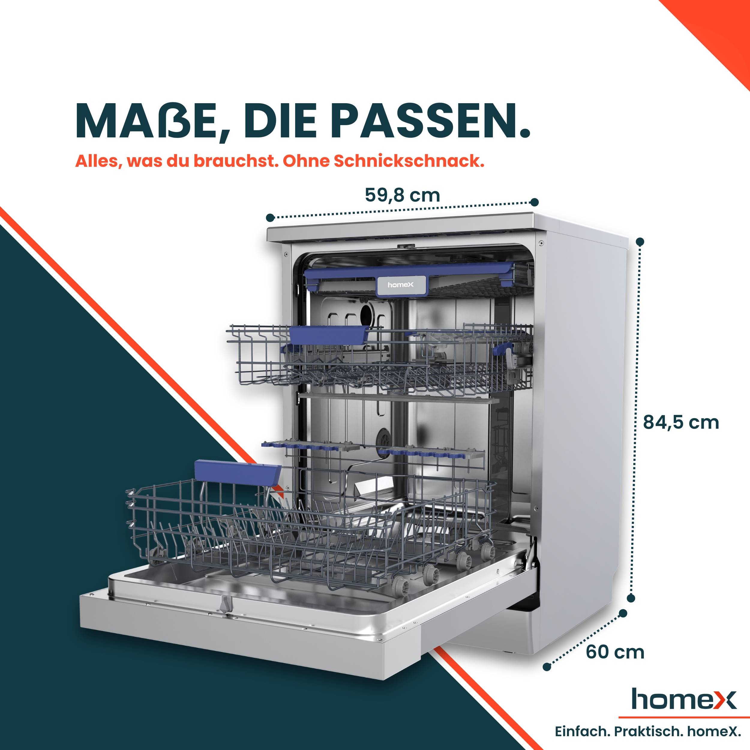 homeX DWFS601442A-S Geschirrspüler 60 cm, Spülmaschine freistehend - 14 Maßgedecke, 9 Programme, AquaStop, Unterbaufähig