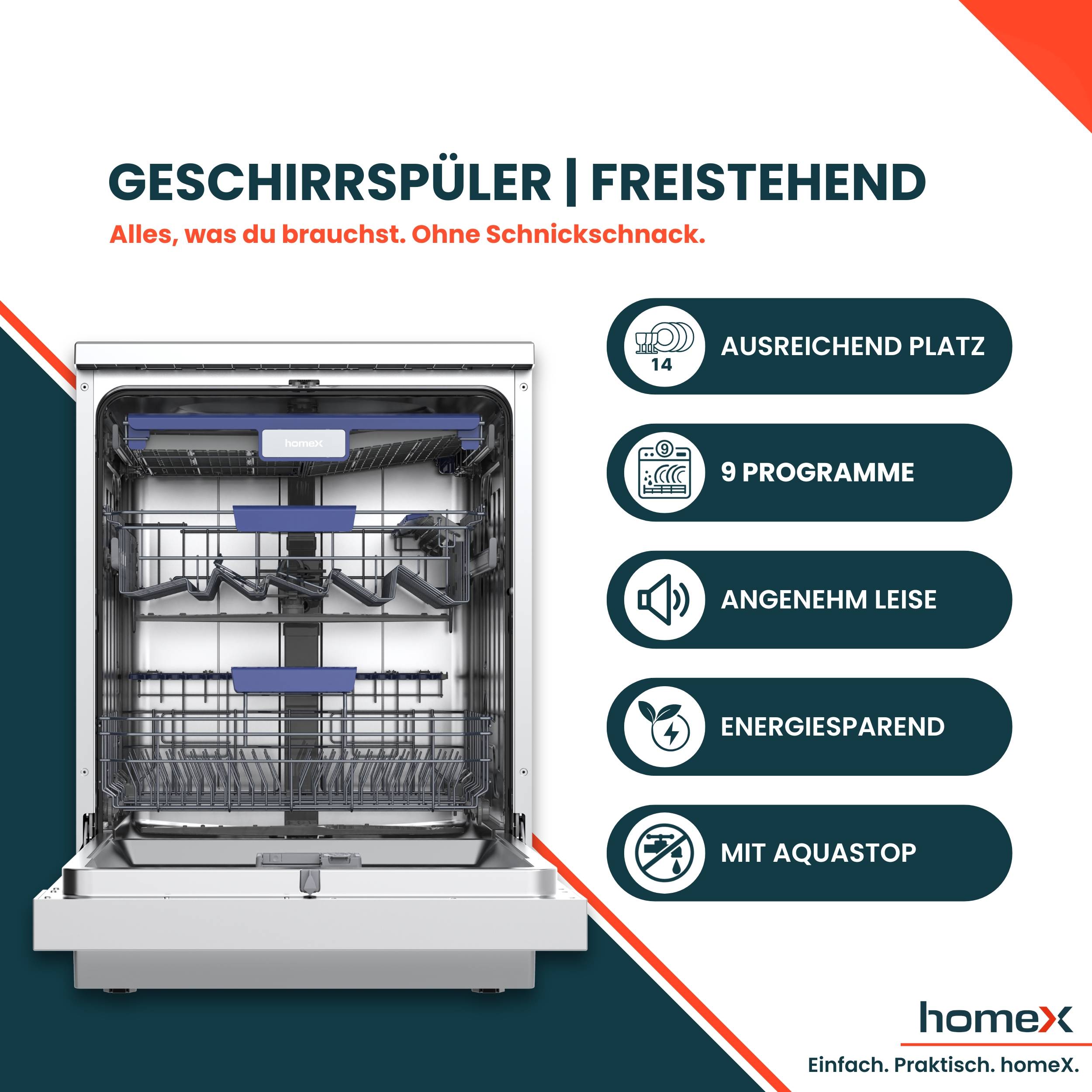 homeX DWFS601442A-S Geschirrspüler 60 cm, Spülmaschine freistehend - 14 Maßgedecke, 9 Programme, AquaStop, Unterbaufähig