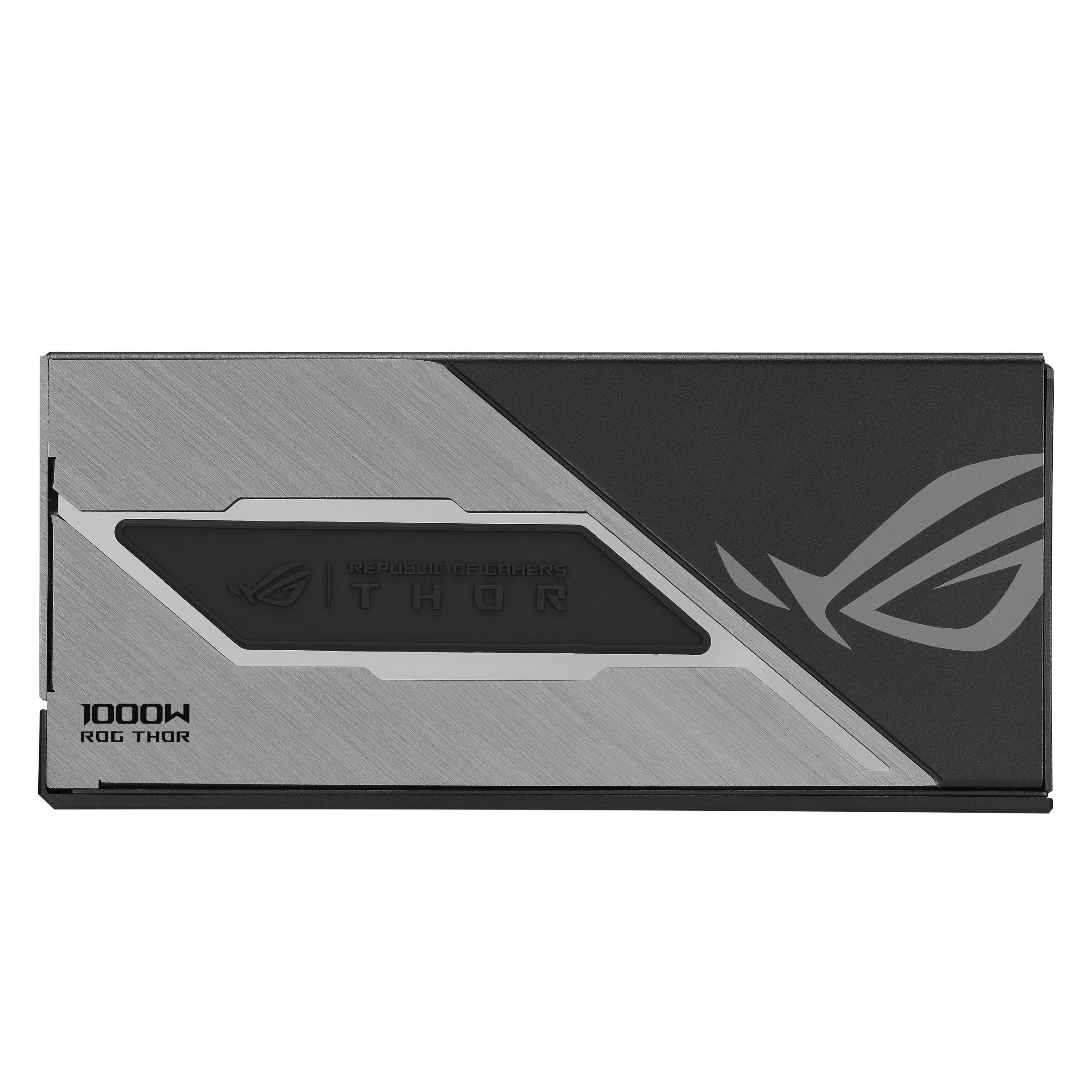 ASUS ROG Thor 1000W Stromversorgungseinheit für Computer auf schwarzem Hintergrund, dargestellt in Silber und Schwarz mit ROG-Logo.