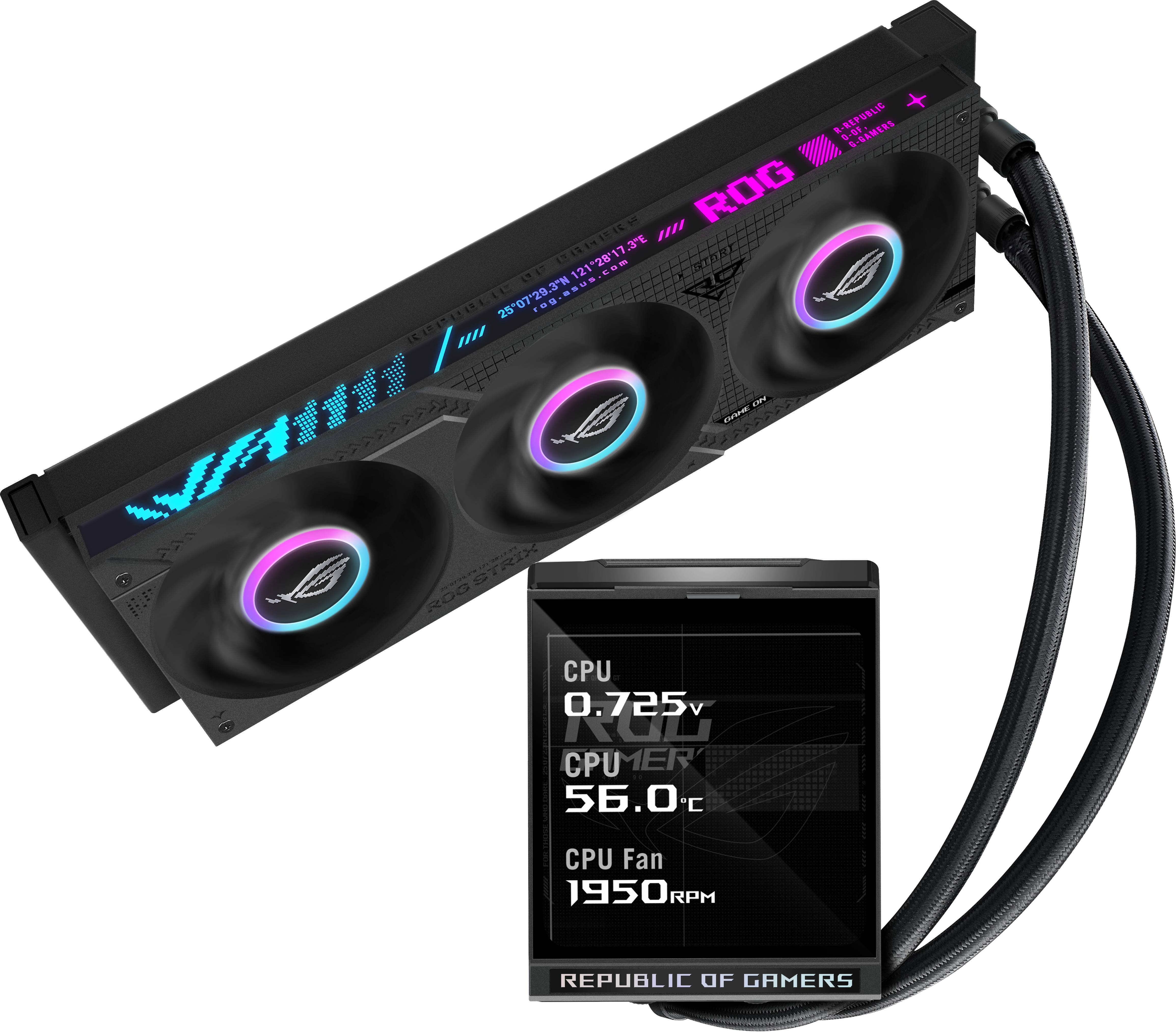 ASUS ROG Flüssigkühlsystem mit einem Tri-Radiator und Pump-Display, das CPU-Temperatur, Spannung und Lüfterdrehzahl anzeigt.