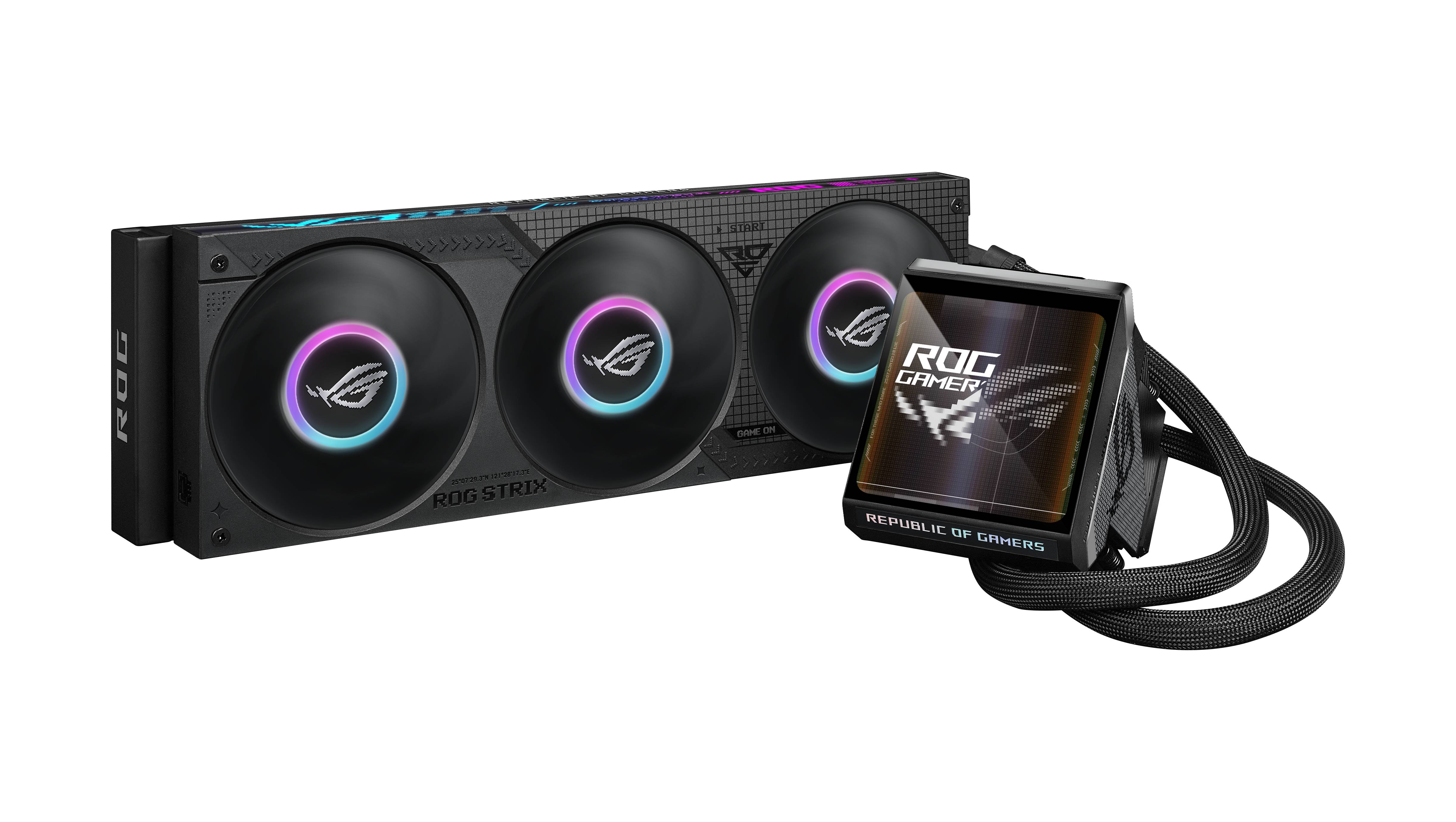 ASUS ROG Flüssig-CPU-Kühler mit drei RGB-Lüftern, Pumpenblock mit Beschriftung „ROG STRIX