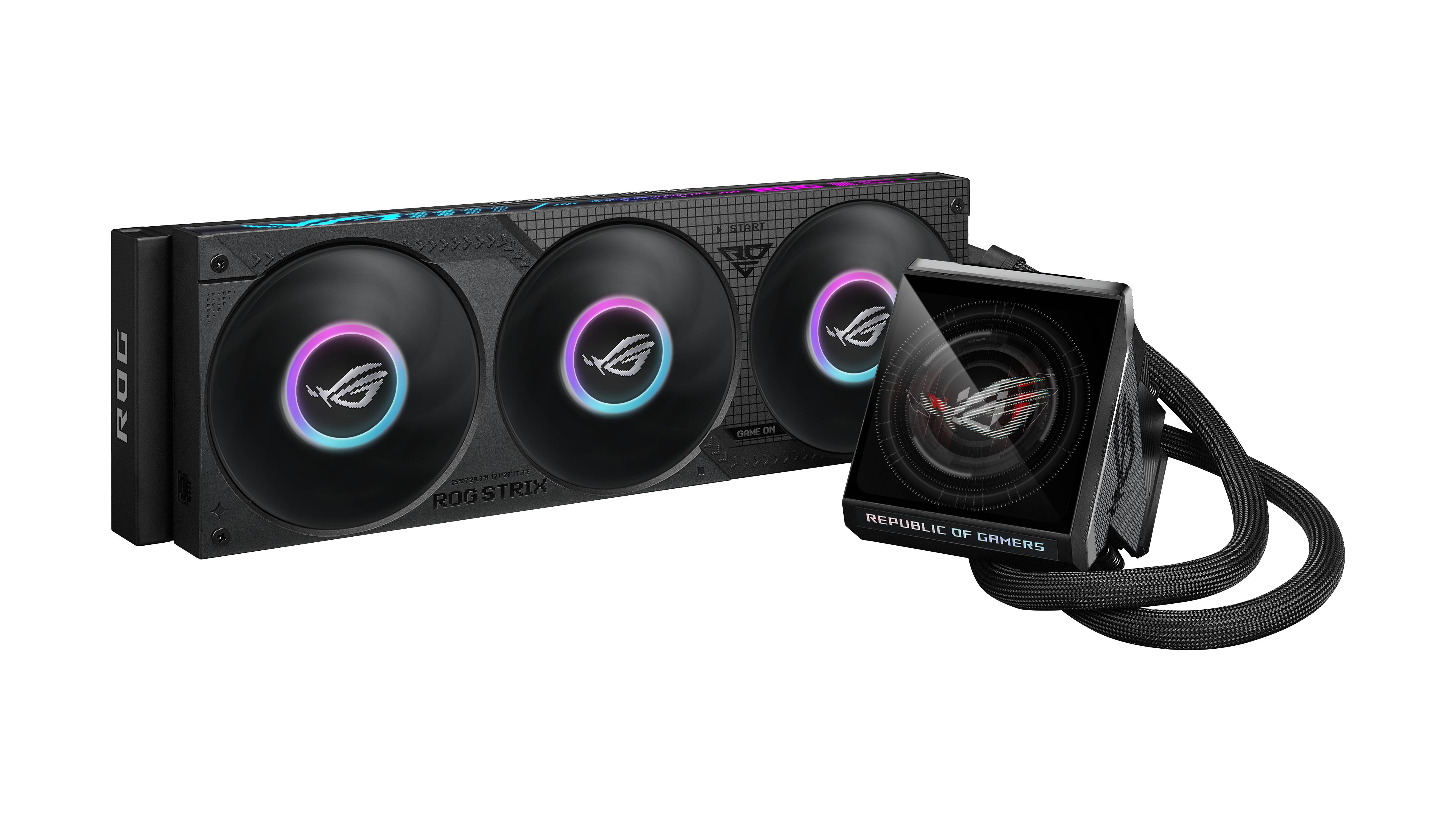 ASUS ROG Flüssigkühler für CPU mit drei RGB-Lüftern und einem quadratischen Pumpenblock, der durch geflochtene Schläuche verbunden ist.