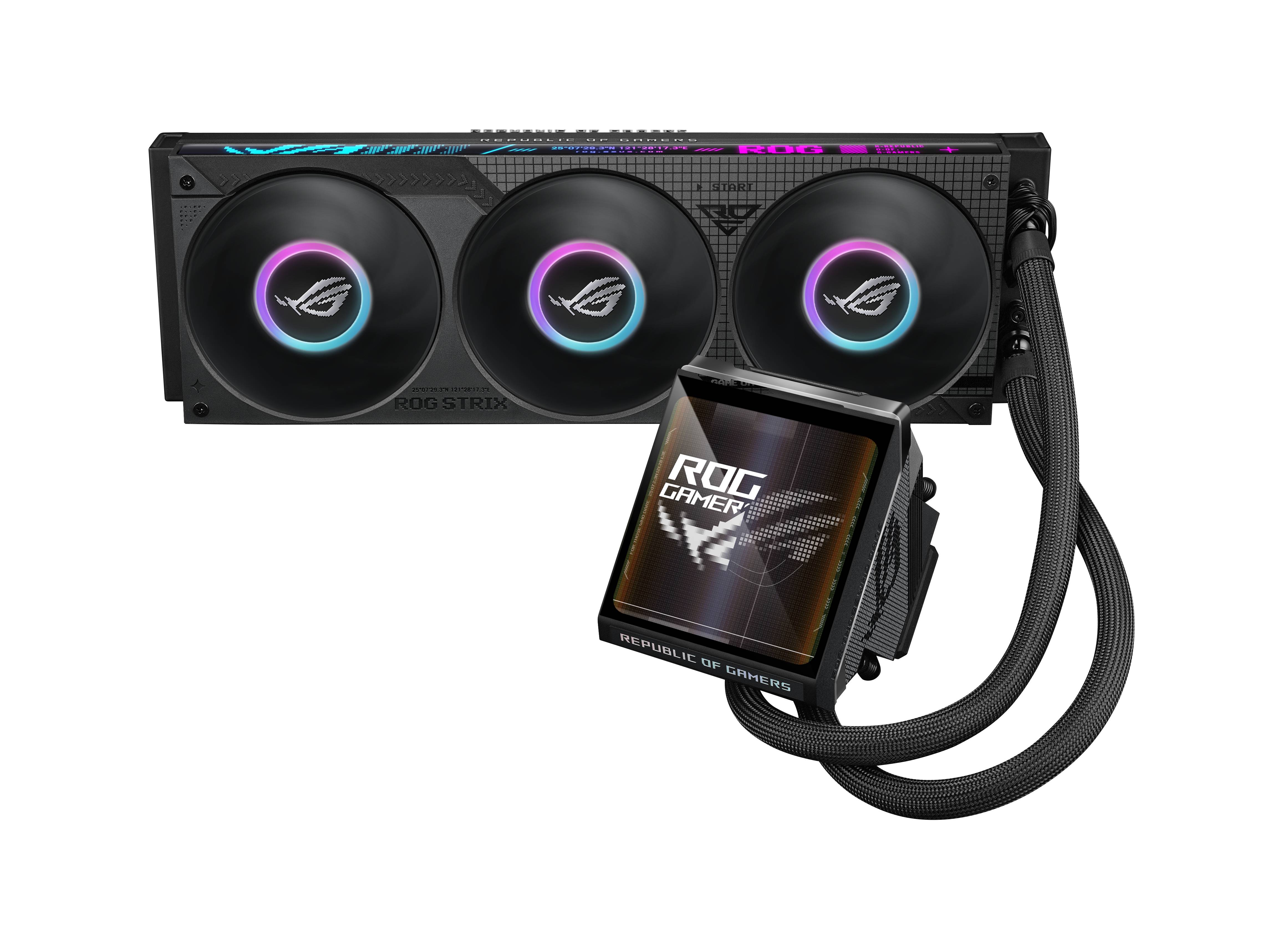 ASUS ROG Flüssigkeitskühler für CPUs mit drei RGB-beleuchteten Lüftern und einer mit ROG-Branding versehenen Pumpe/Block, die durch geflochtene Schläuche auf schwarzem Hintergrund verbunden sind.